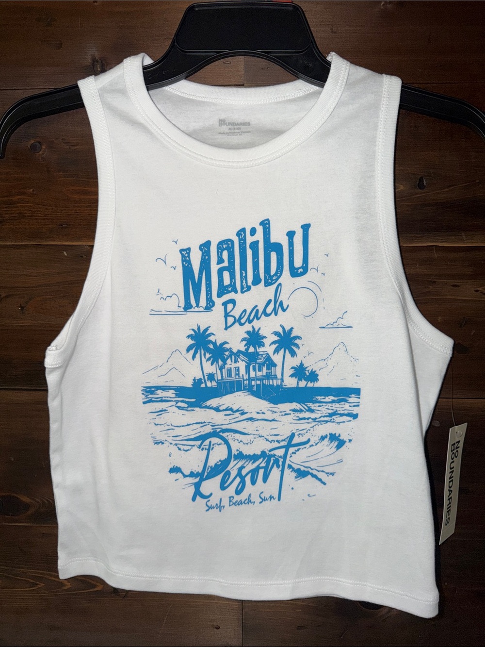 No Boundaries White Tank Top with Blue Malibu Beach Graphic